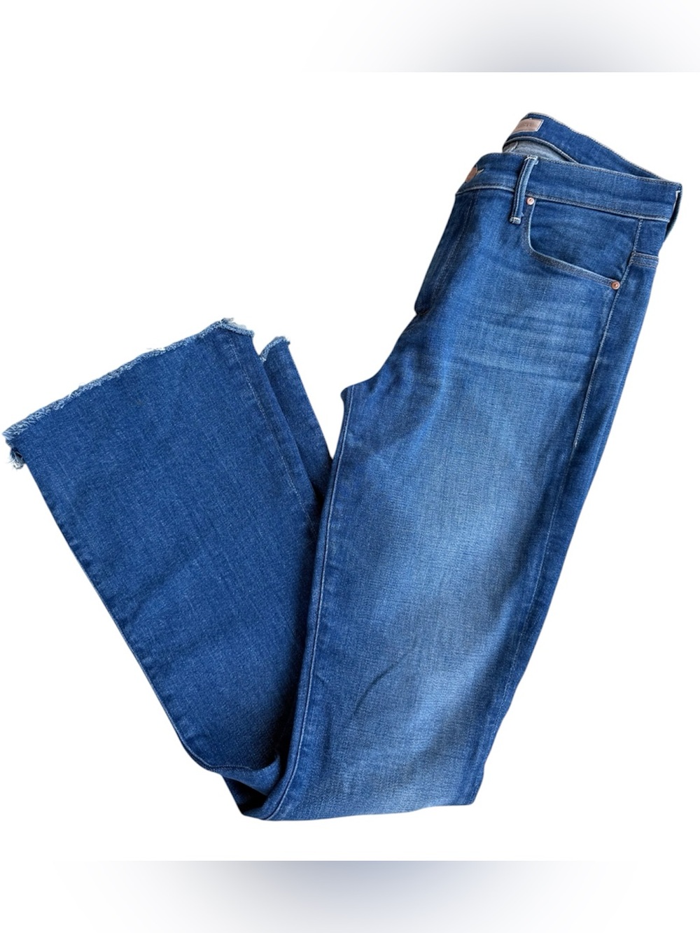 MOTHER The Weekender Fray Jeans Women Sz 28 Blue Flared Leg Raw Distressed Hem